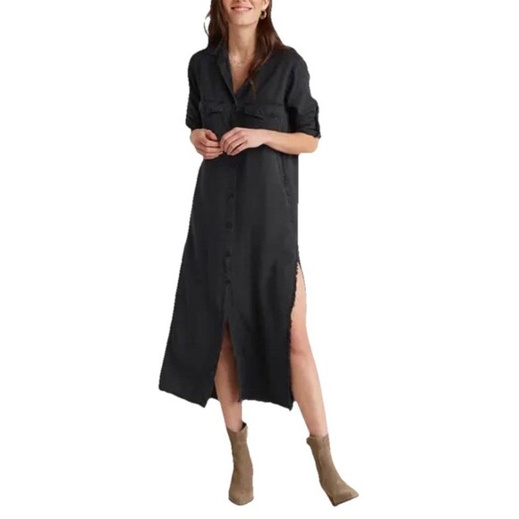 Cloth & Stone Midi Shirt Dress Frayed Hem Pockets Button Up Long Sleeve Black S - Picture 1 of 15